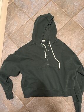 Women’s Dark Green Hooded Pullover Sweatshirt with Button Placket